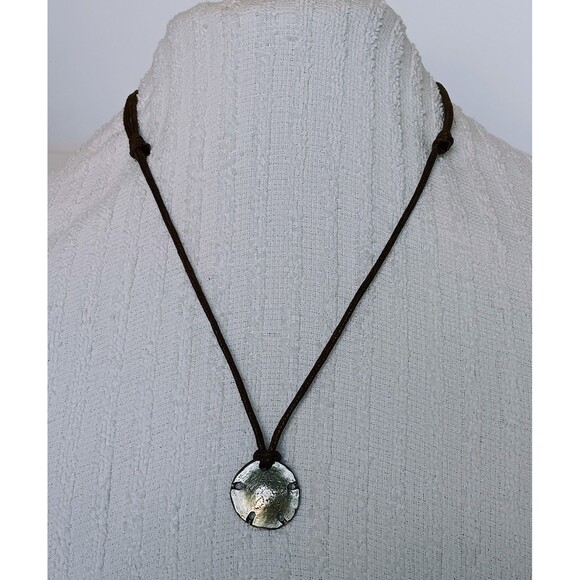 Boho Pewter Sand Dollar Pendant Necklace Adjustable Brown Cord 22 in - Picture 1 of 8